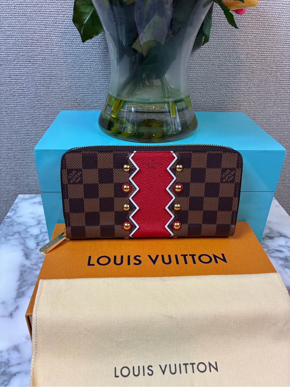 Louis Vuitton LV Damier Ebene Red Karakoram Limited Release Zip Around Wallet